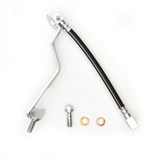 DFC brake line kit for Ford Mustang 86-98 rear-up and rear brake hose, showing metal fittings and flexible hose components.