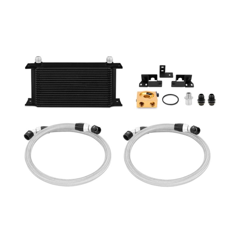 Mishimoto 2007-2011 Jeep Wrangler JK black oil cooler kit with thermostatic control, featuring metal lines and cooling fins.