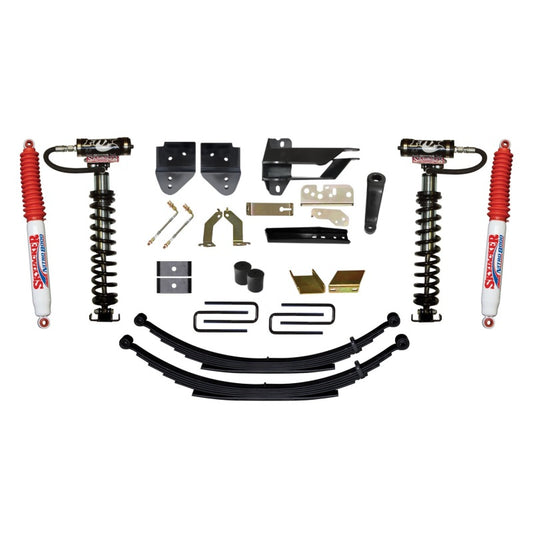 Skyjacker 6-inch coilover suspension system installed on a Ford F250-F350 4WD truck, showing the coilover components and vehicle lift.