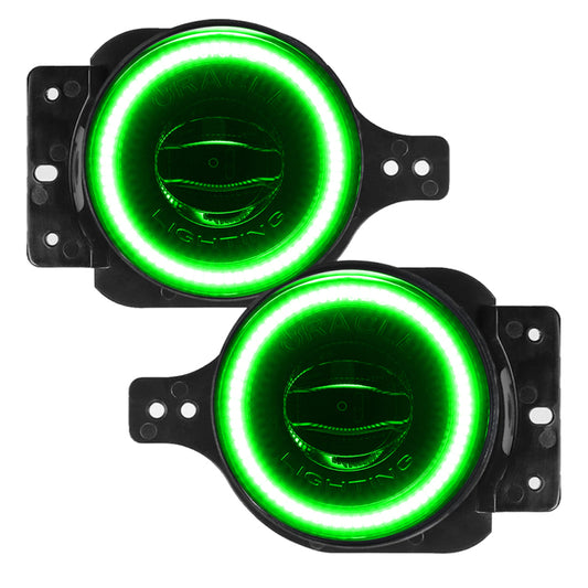 Oracle Lighting green high performance LED fog lights for Jeep Wrangler JL and Gladiator JT, mounted on vehicle front.