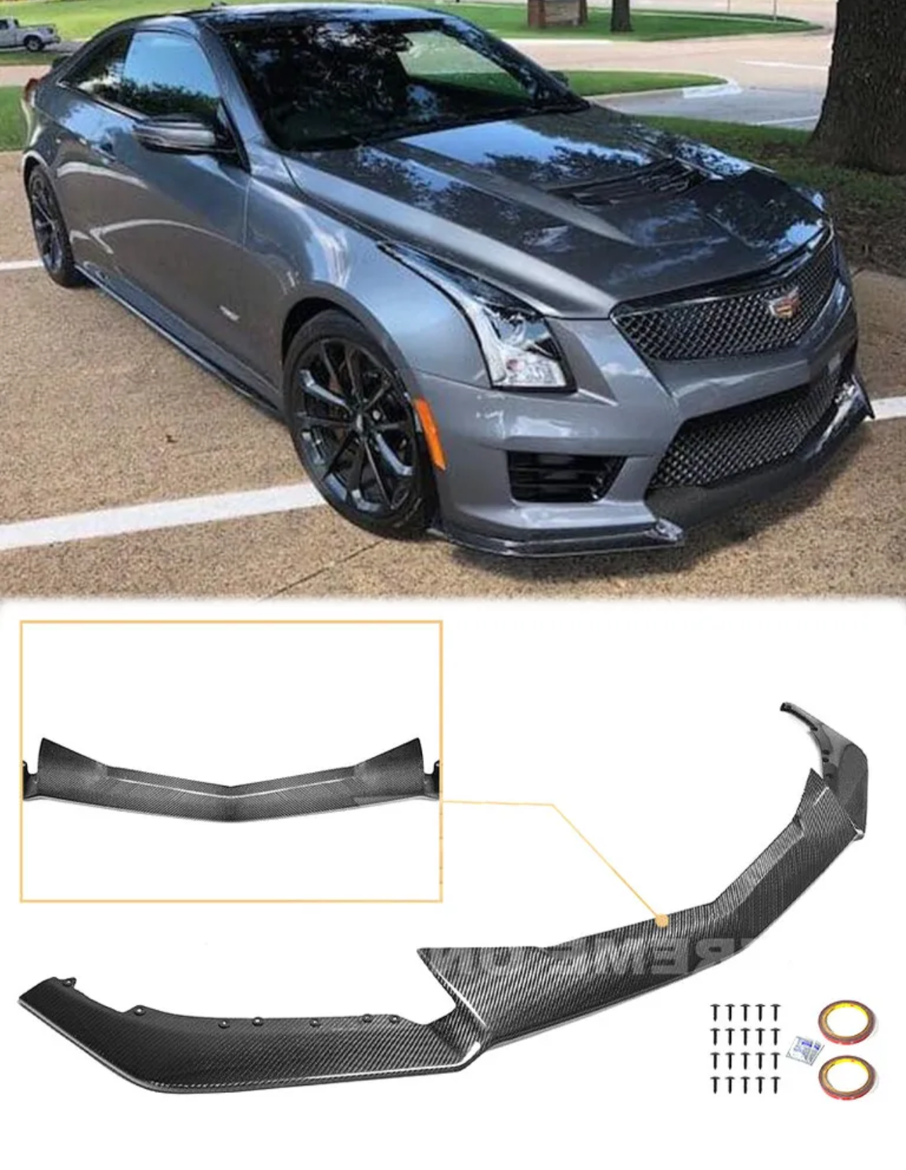 2016-2019 CADILLAC ATS-V CARBON FIBER FRONT SPLITTER & SIDE SKIRTS ROCKER PANELS GROUND EFFECTS