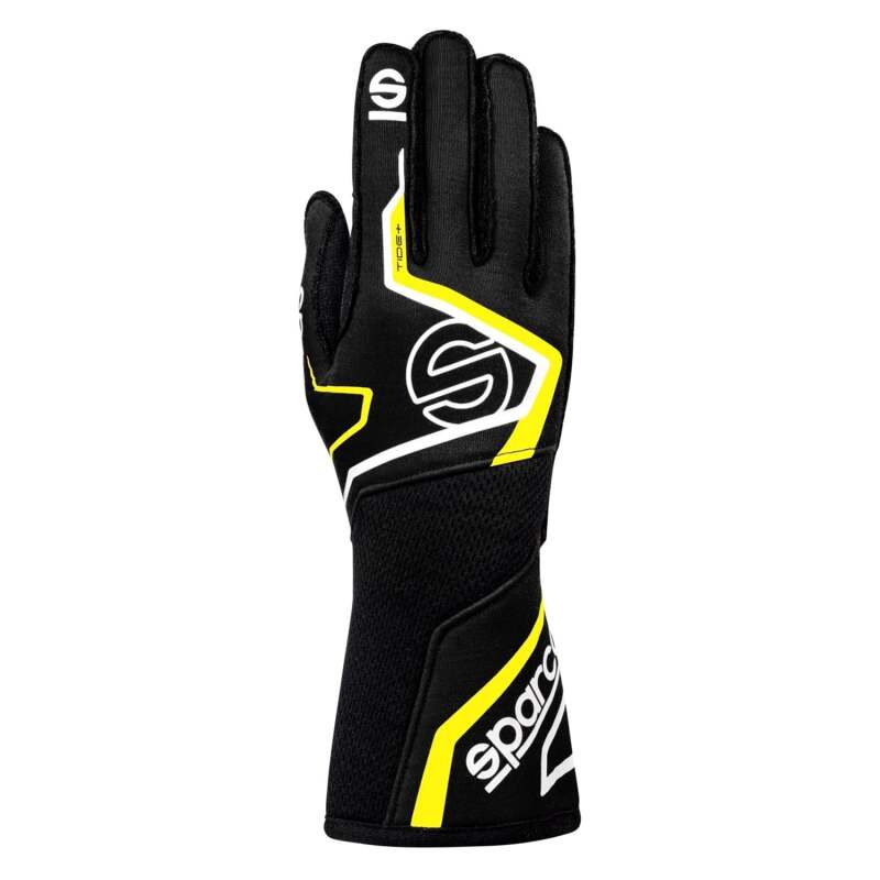 Black and yellow Sparco racing gloves with protective padding and grip details, designed for motorsport driving.