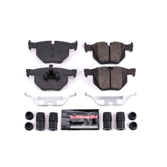 PowerStop Z23 Evolution Sport rear brake pads for 2006 BMW 330Ci with hardware, high-performance automotive brake components.