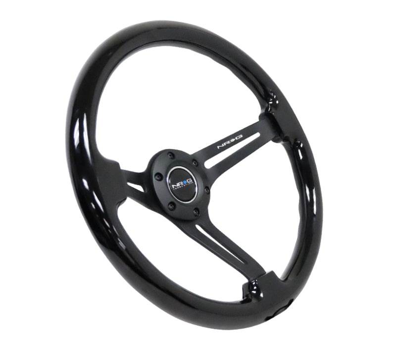 NRG reinforced steering wheel with black wood finish, 350mm diameter, deep dish design, black matte spokes, and center mark.