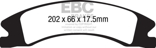 EBC 15+ Cadillac Escalade Ext/Esv 6.2 OE Front Brake Pads, Ultimax2 series, showing the new brake pad pair with branding and metal backing