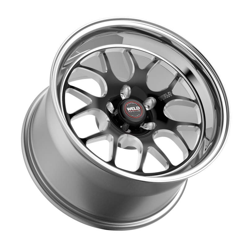 Weld S77 20x12 forged wheel with black center and polished shell, featuring 5x120.65 bolt pattern, 3.75 BS, and 3.18 HB.
