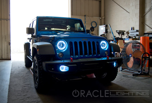 Oracle Lighting Jeep Wrangler JK 07-17 LED waterproof halo kit with white rings for fog lights, enhances visibility and style.