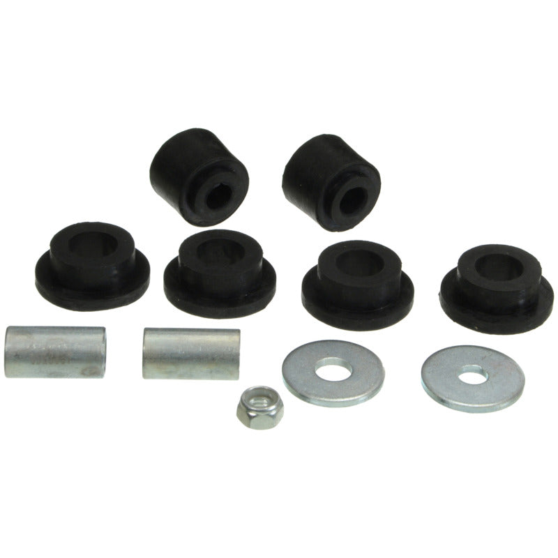 Moog sway bar link bushing for Ford E-350 Super Duty, front and rear suspension, close-up of rubber bushing in black.