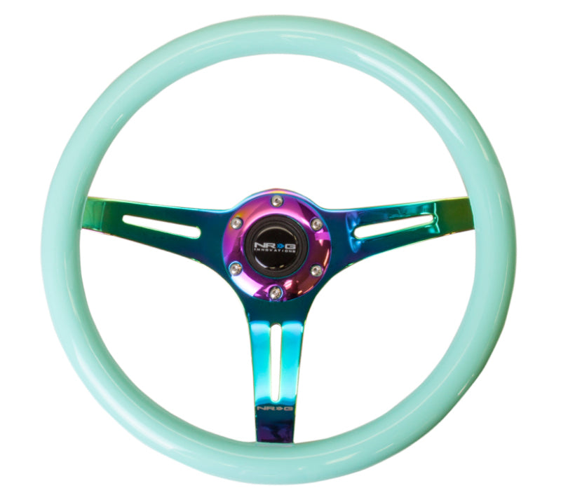 NRG Classic Wood Grain Steering Wheel with minty fresh color, 350mm diameter, neochrome 3-spoke center, car interior accessory
