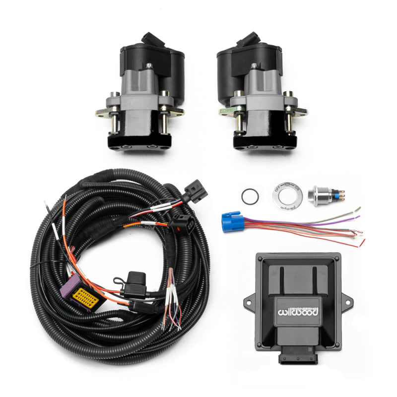 Wilwood rear electronic parking brake retrofit kit with black powder coat caliper and switch harness, designed for performance braking.