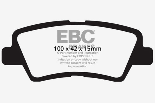 EBC 12+ Hyundai Accent 1.6 Greenstuff rear brake pads for performance braking, shown in a close-up image.