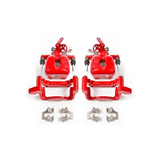 Pair of PowerStop red rear brake calipers with brackets for Audi A3 2008-2009, performance brake calipers for enhanced stopping power.