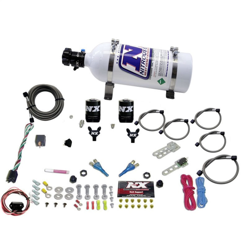 Nitrous Express dual nozzle nitrous system for Nissan 350Z and 370Z with 5lb bottle, 35-150HP boost, and system components.