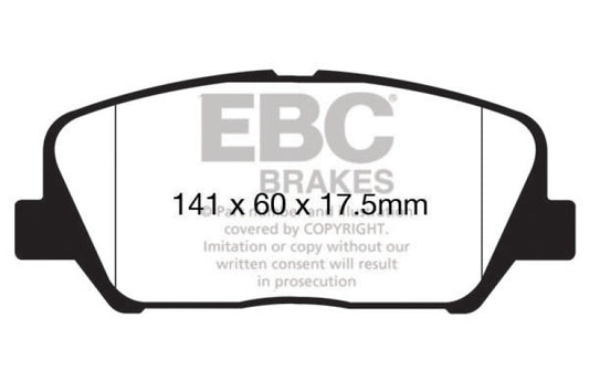 EBC Redstuff front brake pads for Hyundai Veloster 1.6 Turbo, high-performance brake pads with red friction material.