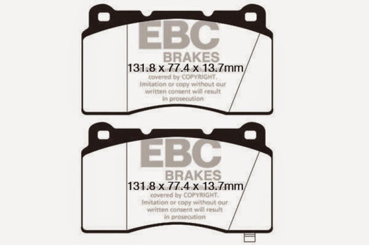EBC Redstuff front brake pads for Hyundai Genesis Coupe 2.0 Turbo with Brembo, high-performance brake pad set.