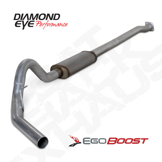 Diamond Eye Performance catback exhaust for Ford F150 Raptor 3.5L, 3 1/2 inch stainless steel single gas system, visible muffler and piping.