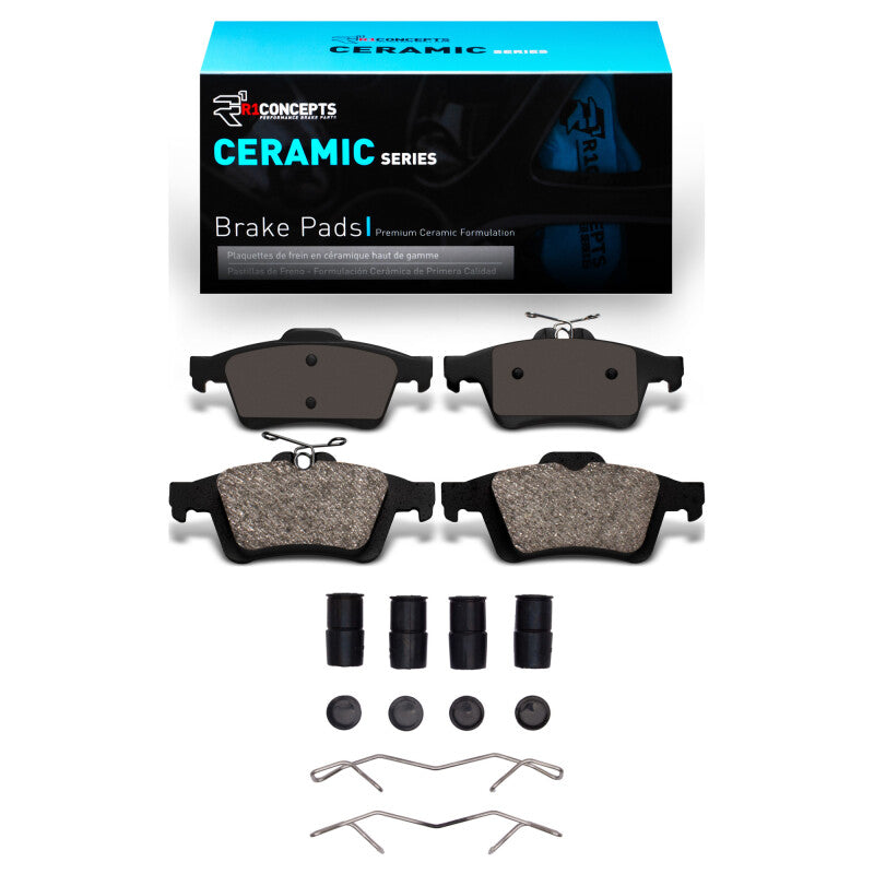 R1 Concepts OE ceramic brake pads and hardware kit for Cadillac BLS 2003-2023 rear, compatible with Mexico models.