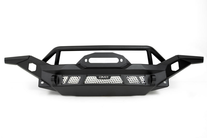 DV8 Offroad steel front bumper for Jeep Wrangler JK, JL, and Gladiator JT with rugged off-road design and sturdy construction.