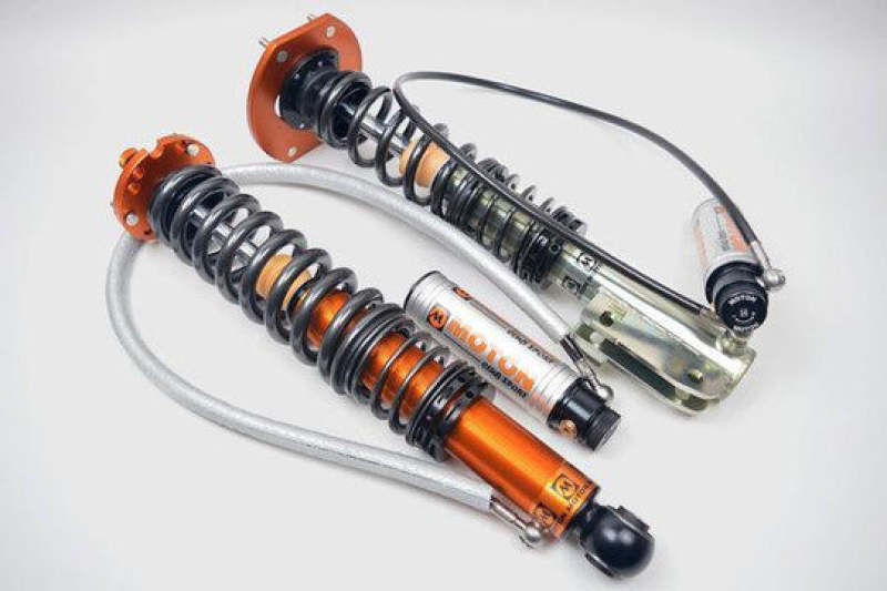 Moton 2-way Clubsport coilovers for Nissan 370Z rear suspension, includes springs, true coilover style, high-performance upgrade.