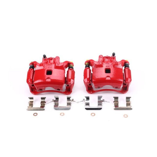 PowerStop front red brake calipers with brackets for Nissan Sentra 2007-2018, performance upgrade, pair shown in the image.