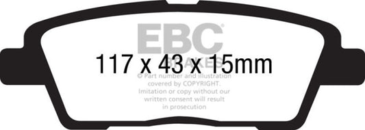 EBC Greenstuff rear brake pads for Hyundai Genesis 3.8, performance brake pads with green friction material, shown in image.