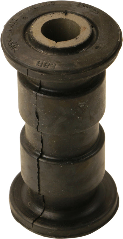 Moog rearward leaf spring bushing for Ford F-150 2004-2014, close-up of rubber bushing in leaf spring suspension component.