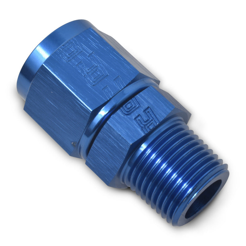 Russell Performance -8 AN straight female fitting connecting to 3/8 inch male NPT fitting, made of durable metal.