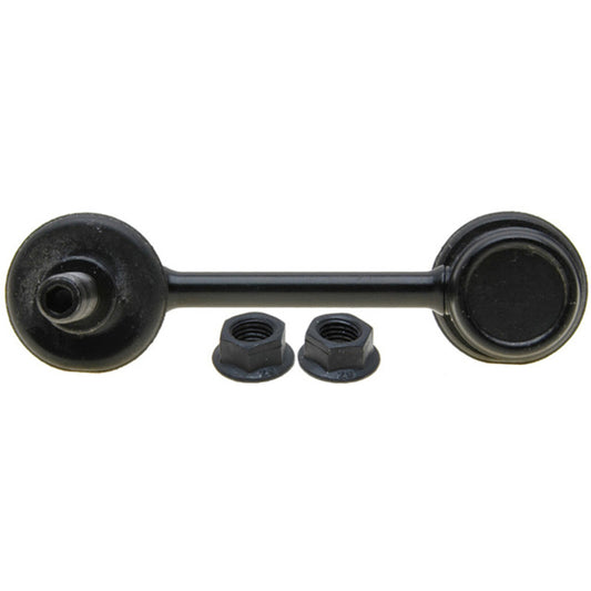 Moog Pontiac Vibe GT rear sway bar endlink kit, showing metal endlink with rubber bushings on a white background.