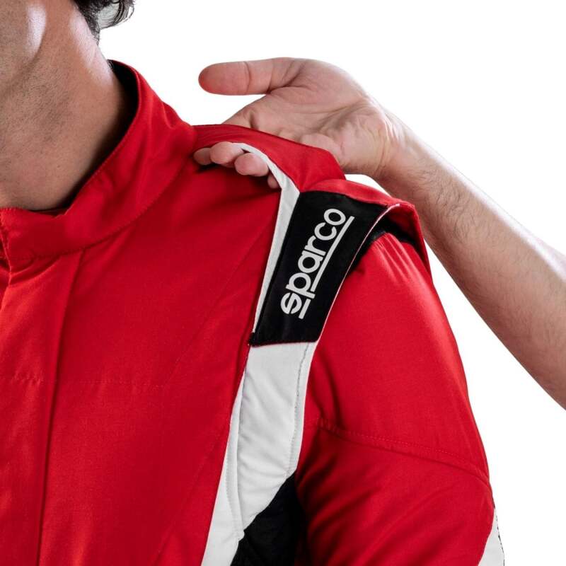 Red and white Sparco Superleggera racing suit size 54, lightweight racing suit designed for motorsport performance.