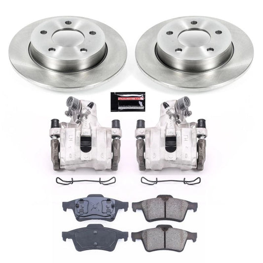 PowerStop rear autospecialty brake kit with calipers for Mazda 3 2004-2005, showing brake rotors and caliper components.