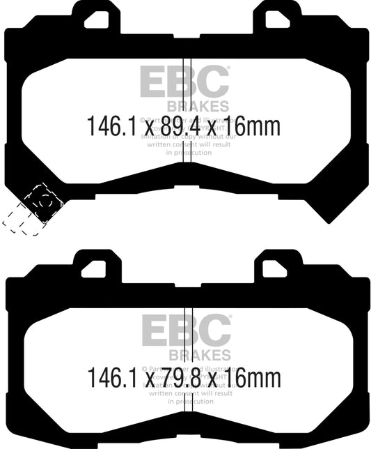 EBC 15+ Chevrolet Colorado 2.5 Ultimax2 front brake pads, OE type, showing the metal backing and friction material.