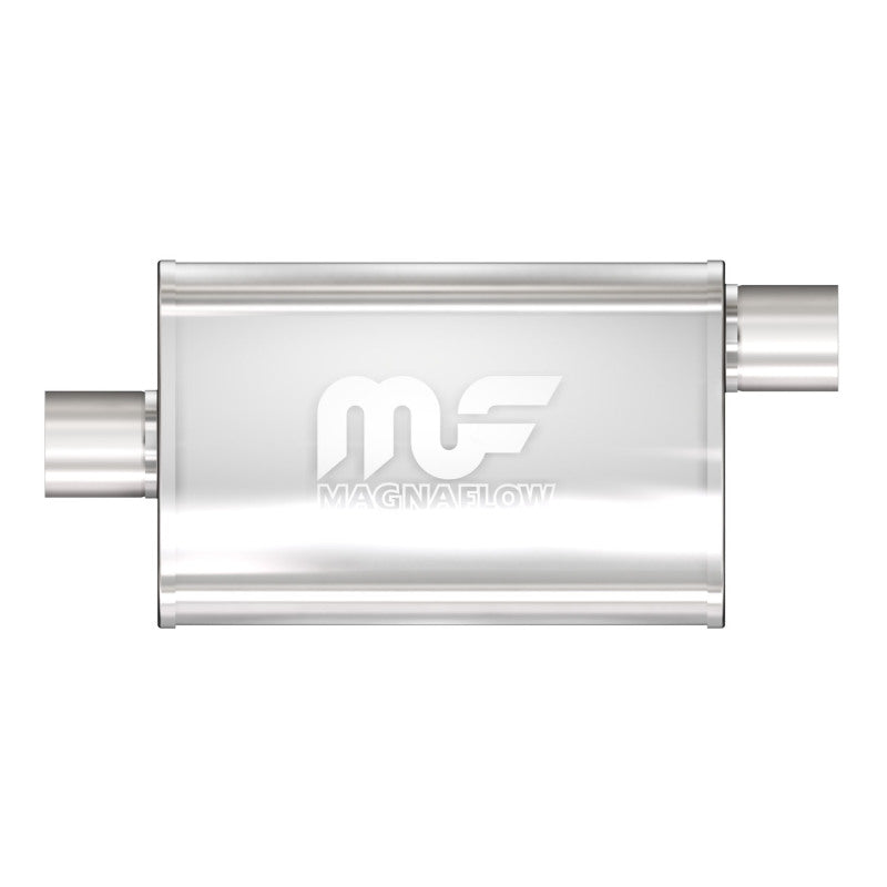 MagnaFlow Mag SS 11x4x9 2.5-inch outlet exhaust muffler installed on a vehicle, showcasing its stainless steel construction and compact design.