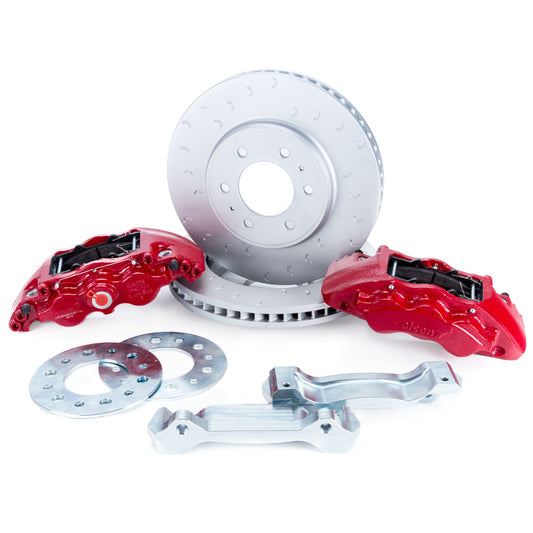 Alcon 09-20 F-150 Raptor Gen1-2 big brake kit with red 347x36mm rotors and 6-piston calipers for front braking.