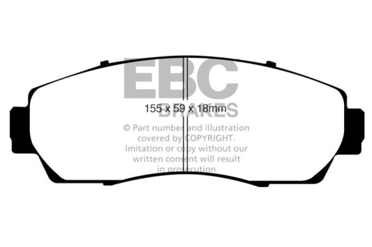EBC Redstuff front brake pads for 2007-2009 Acura RDX 2.3 Turbo, high-performance brake pads with red friction material.