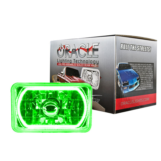 Oracle Lighting green halo sealed beam headlights, 4x6 inch size, with pre-installed LED lights and distinctive green halo ring.