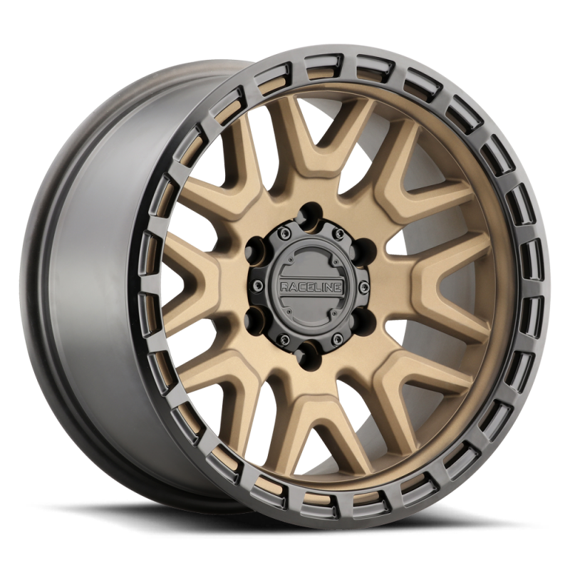 Bronze Raceline 953BZ Krank cast wheel 20x9 inch with 8x165.1 bolt pattern, 0mm offset, 125.2mm bore, shown from side angle