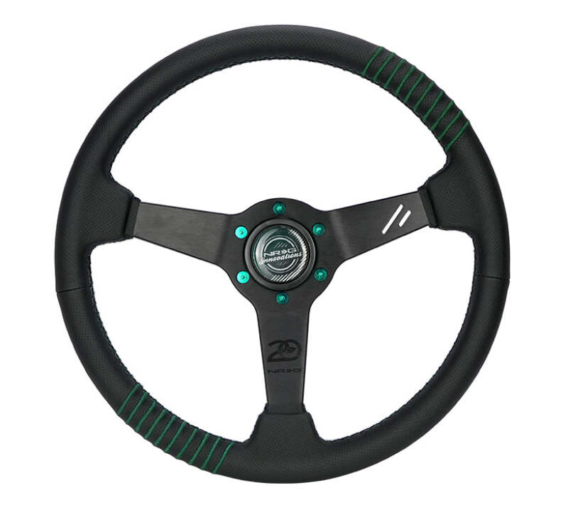 NRG black perforated leather steering wheel with 1.5-inch dish, 350mm size, emerald stitching, and reinforced spoke design.