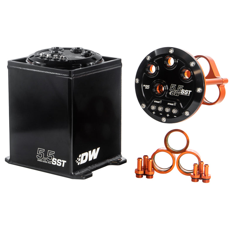 DeatschWerks 5.5L modular surge tank for fuel system, shown with mounting and fittings, pumps not included.