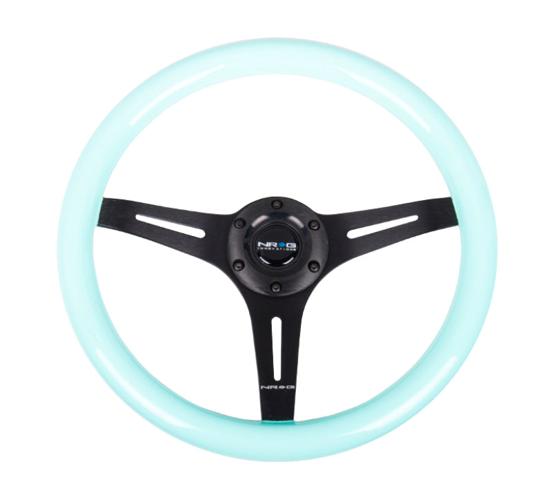 NRG Classic wood grain steering wheel with minty fresh grip, 350mm diameter, black three-spoke center, for car interior customization.