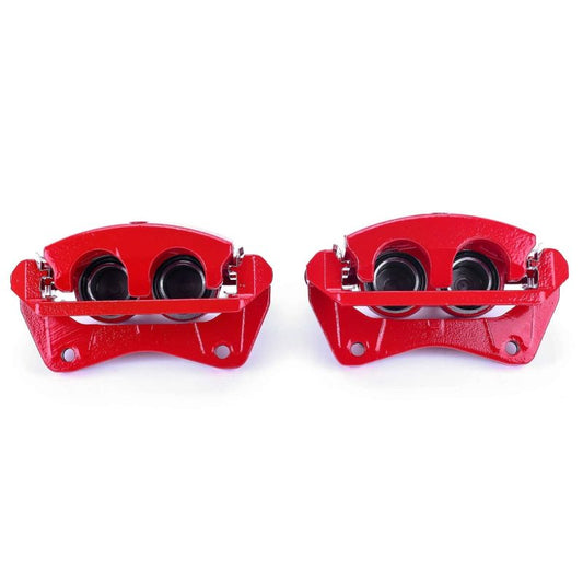 Pair of PowerStop red front brake calipers with brackets for 2009-2015 Honda Pilot, performance brake calipers for improved stopping power.