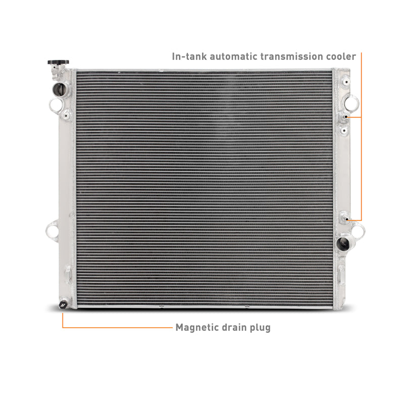 Mishimoto aluminum radiator for 2003-2009 Toyota 4-Runner and GX470 4.7L engine, showing the sleek, lightweight design and cooling fins.