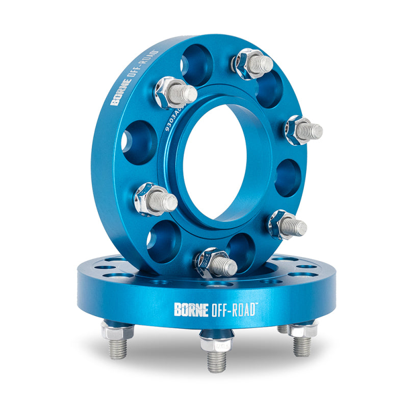 Blue Borne Off-Road wheel spacers with 6x139.7 bolt pattern, 78.1mm bore, 38.1mm thickness, M14x1.5 threads.