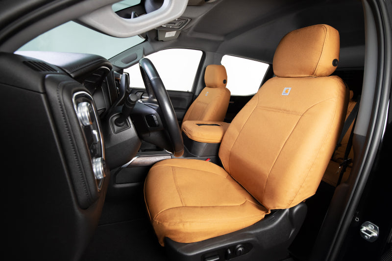 Covercraft Carhartt PrecisionFit custom second row seat covers installed in a Toyota Corolla, showcasing durable, fitted car interior protection.