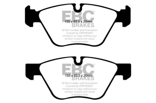 EBC Redstuff front brake pads for BMW 128 3.0, high-performance brake pads with red friction material and metal backing plates.