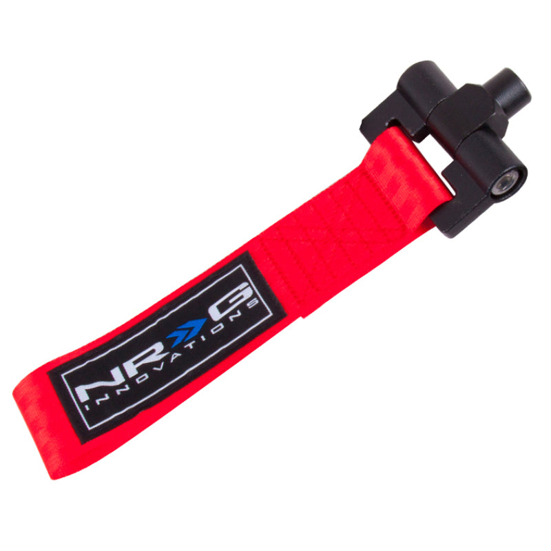 NRG Bolt-In Tow Strap in red for Scion TC 2005-2008 and Xb 2003-2007, rated for 5000 lbs, with tow hook attachment.