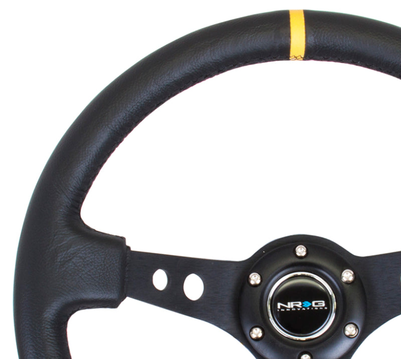 NRG reinforced steering wheel, 350mm black leather with cutout spoke and yellow center mark, for racing and performance vehicles.