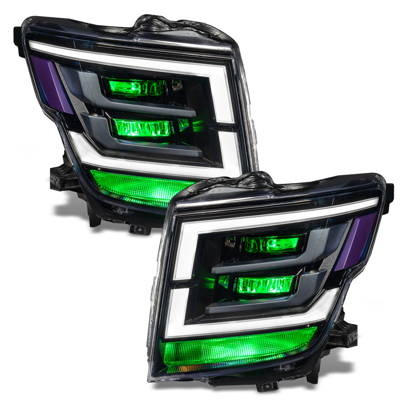 Oracle Nissan Titan RGB Demon Eye headlights upgrade kit with ColorSHIFT features, showcasing bright, colorful LED headlight components.