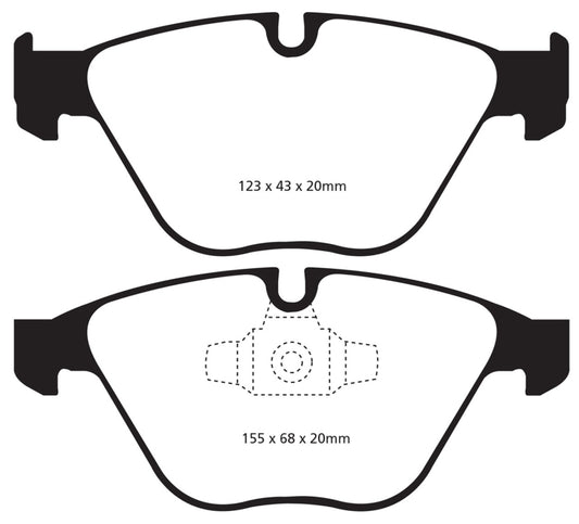 EBC Redstuff front brake pads for BMW X1 2.0 Turbo (28i), performance brake pads with red friction material and metal backing.
