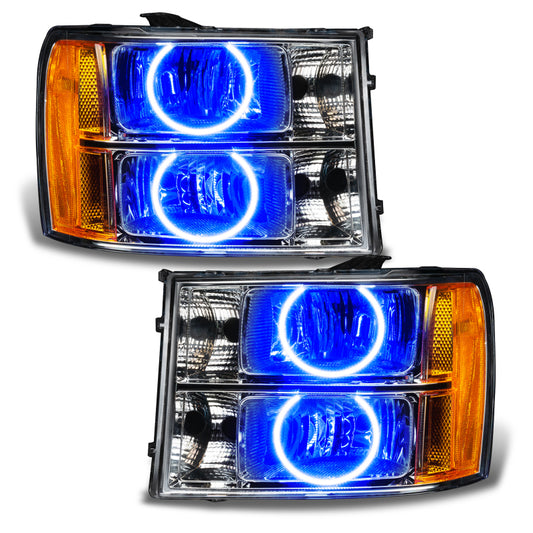 Oracle Lighting blue LED halo headlights for 2007-2013 GMC Sierra, pre-assembled, featuring bright blue halo rings and clear lens.