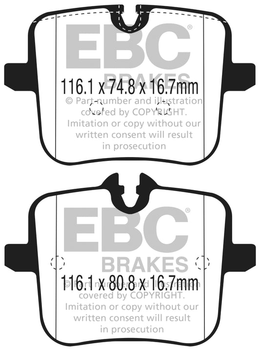EBC Redstuff rear brake pads for BMW M5 F90 4.4TT 2018+ performance braking system, showing the red friction material and metal backing plate.